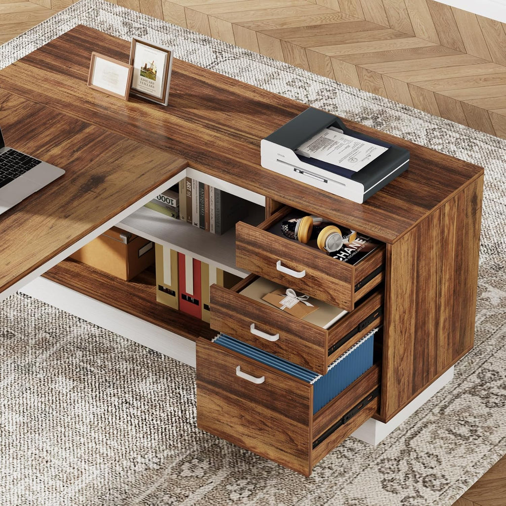 71-Inch Executive Desk, L-Shaped Desk with Cabinet, Large Office Desk with Drawers and Storage Shelves