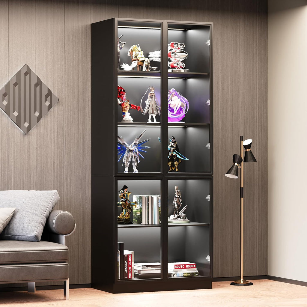 Wooden Display Storage Cabinet with Glass Door, LED Lights,Showcase for Collections, Perfume, Vinyl Albums, Bookcase