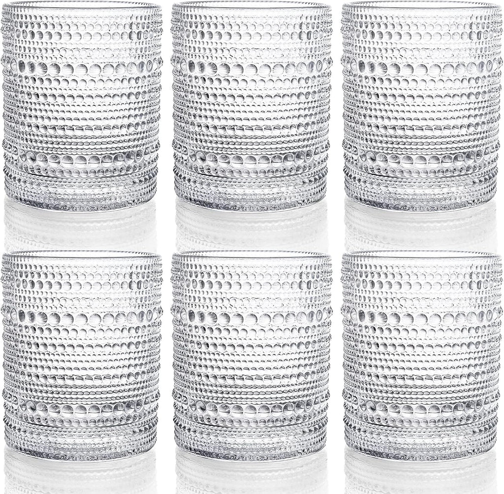 Set of 6 Romantic Water Glasses, 12 oz Hobnail Glasses Tumbler, Clear Embossed Vintage Glassware Set for Beer