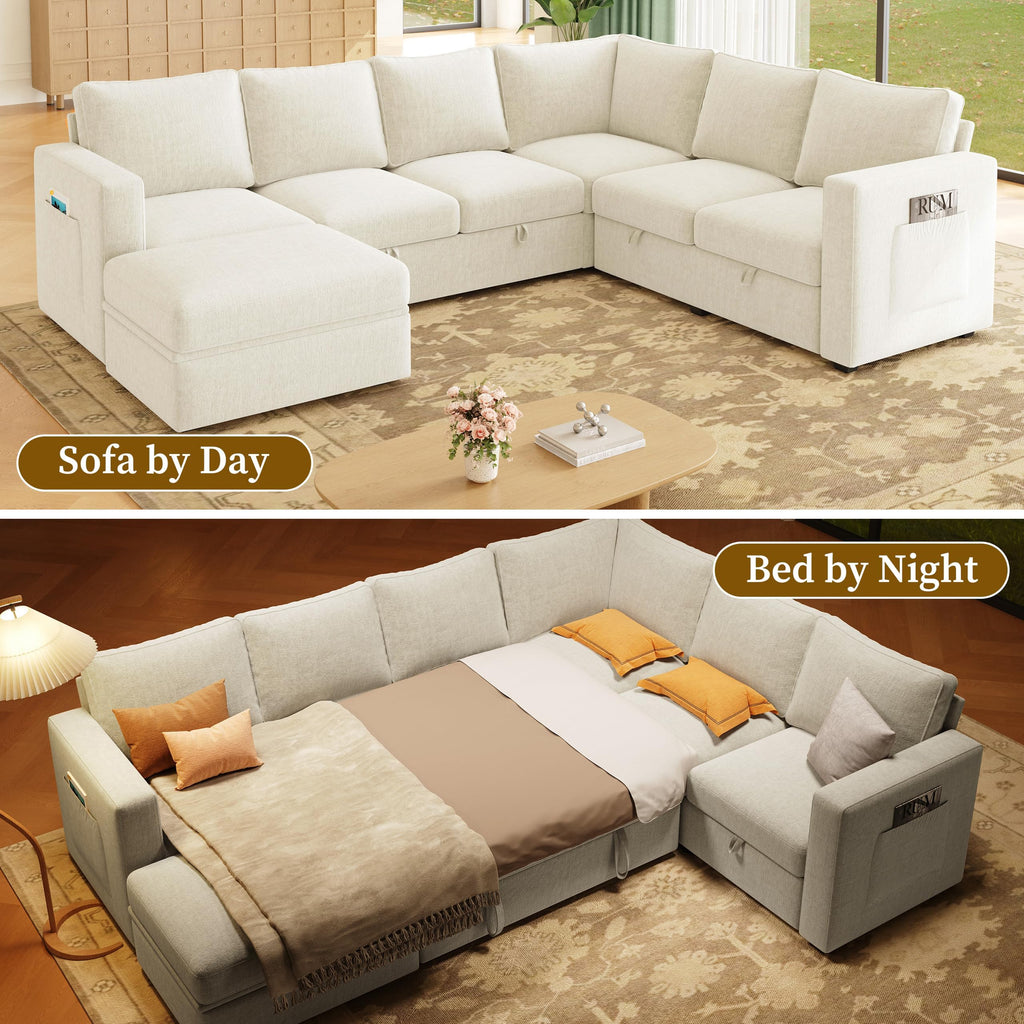 106.7" U-Shaped Modular Sectional Sofa with Pull-Out Bed & Storage, Modern 7-Seat Convertible Couch, Comfy L-Shape