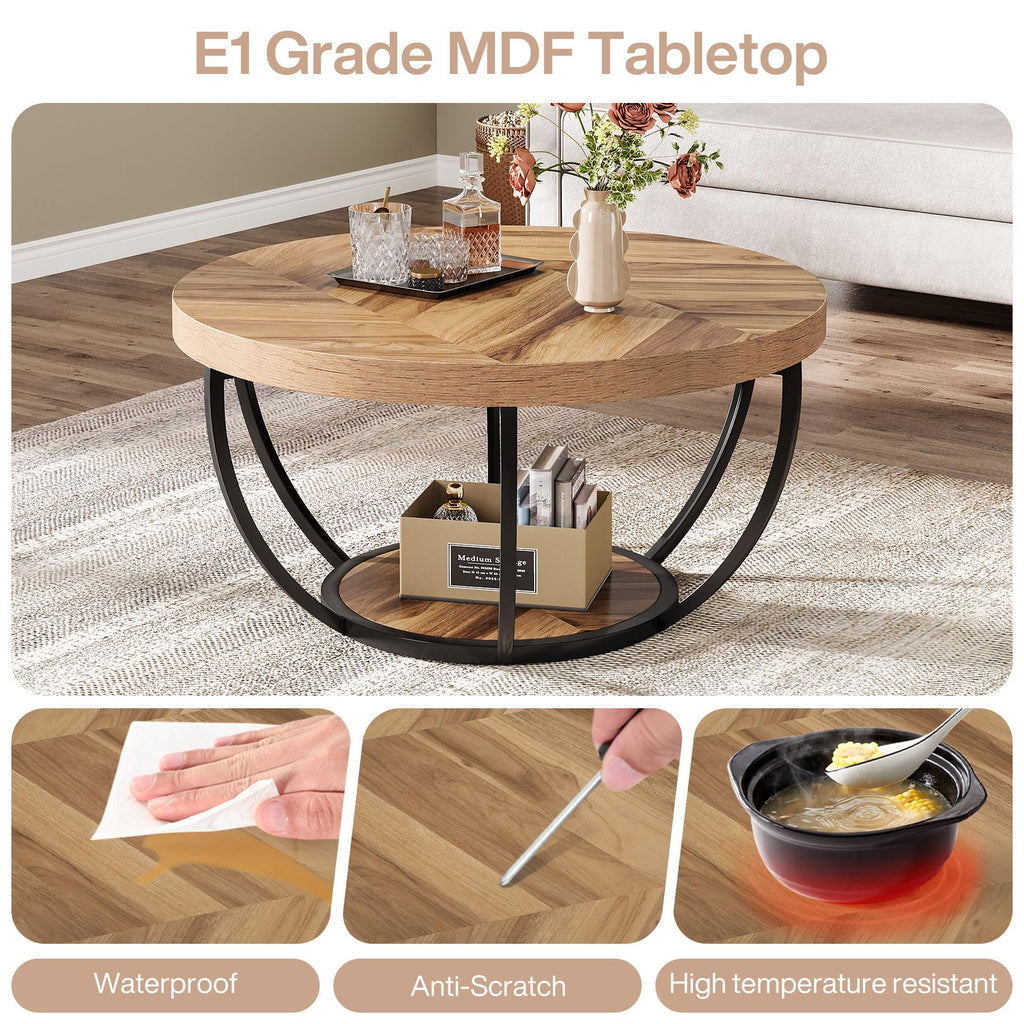 31.7" Round Wooden Coffee Table with Storage Pedestal