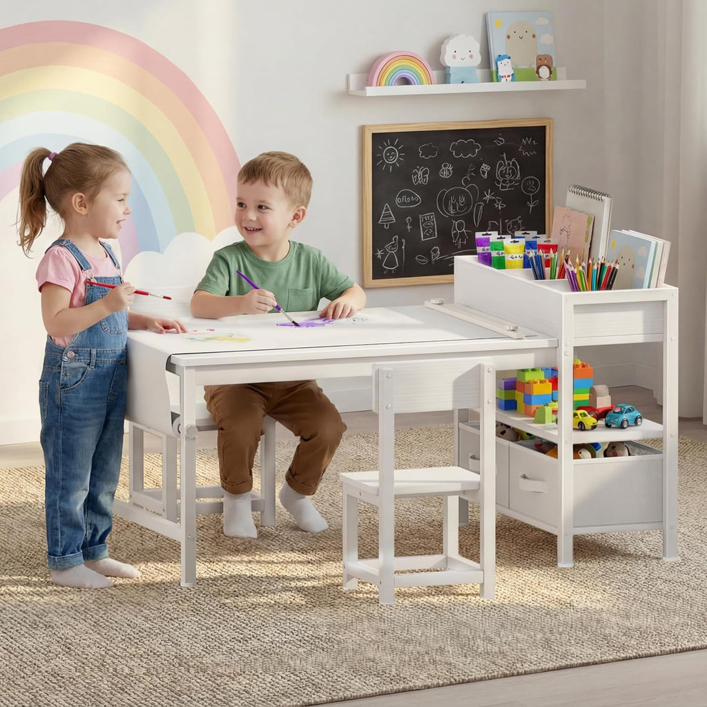 Kids Art Table and Chair Set, Toddler Craft Table with Storage Drawers, Play Desk for Kids, Children Activity