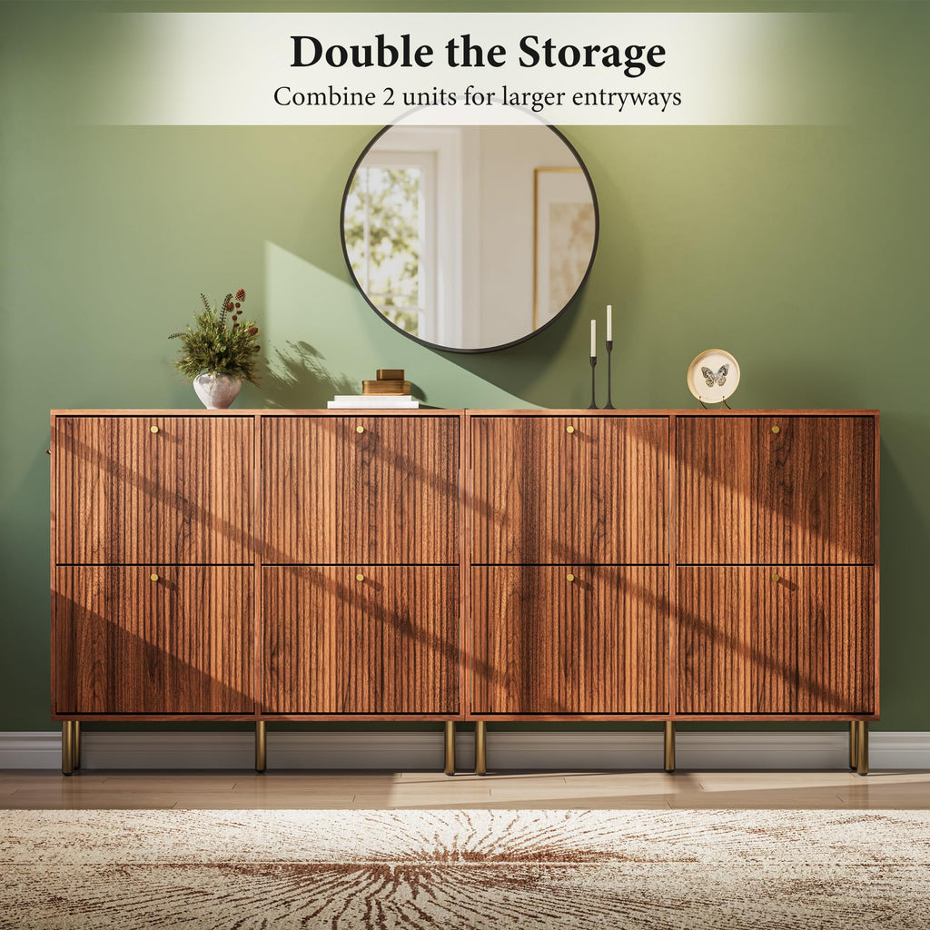 Shoe Storage Cabinet - 4 Flip Drawers Shoe Cabinet with Tiered Fluted Design - Slim Shoe Storage Rack with Gold Legs