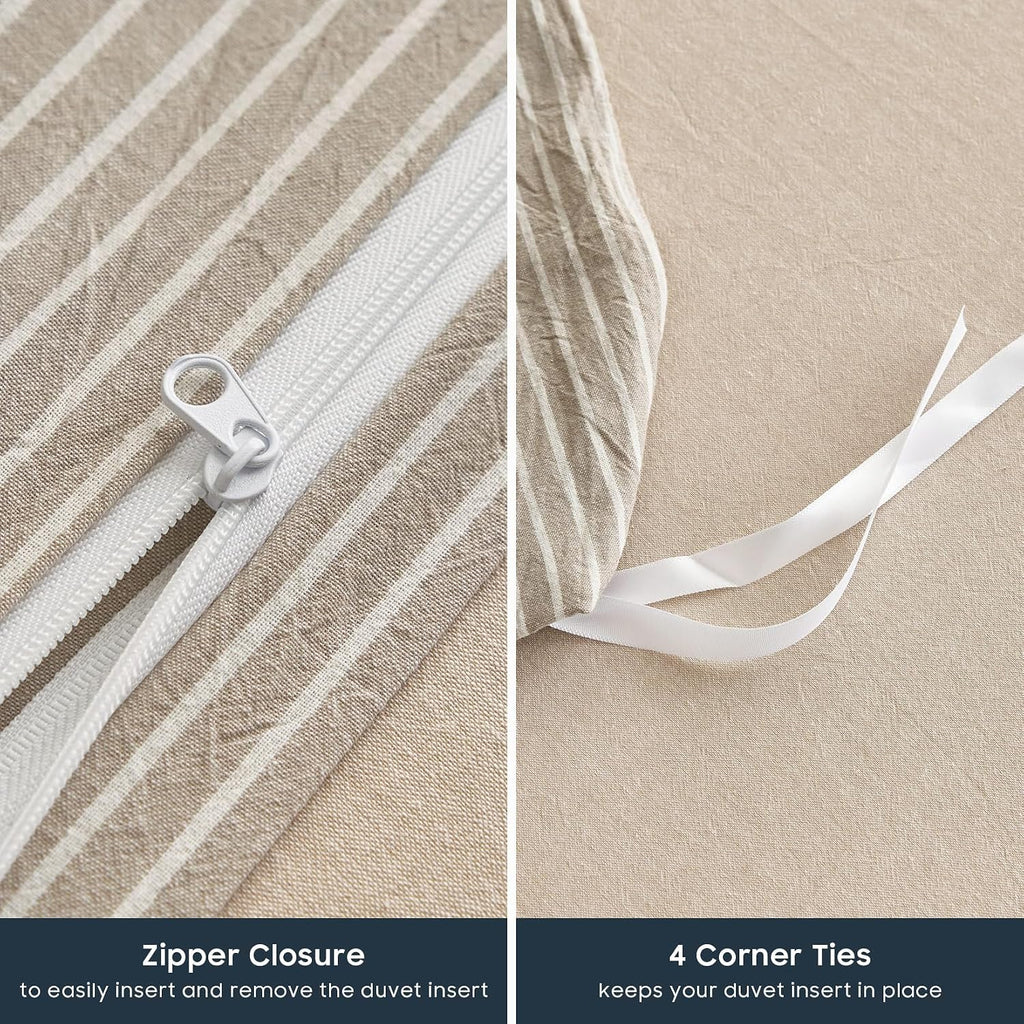 Striped Cotton Duvet Cover Set, 100% Washed Cotton Textured Bedding Set, Ticking Stripe Pinstripe Farmhouse, 3