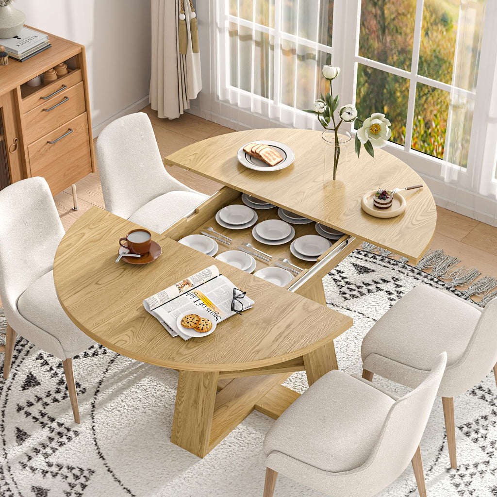 43.3"-59" Extendable Round Oval Dining Table for 4-8 with Storage Shelf