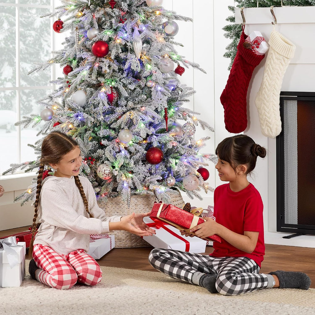 Lighted Aspen Christmas Tree, Flocked Artifical Noble Fir, Pre-Lit White & Multicolored LED Lights Premium