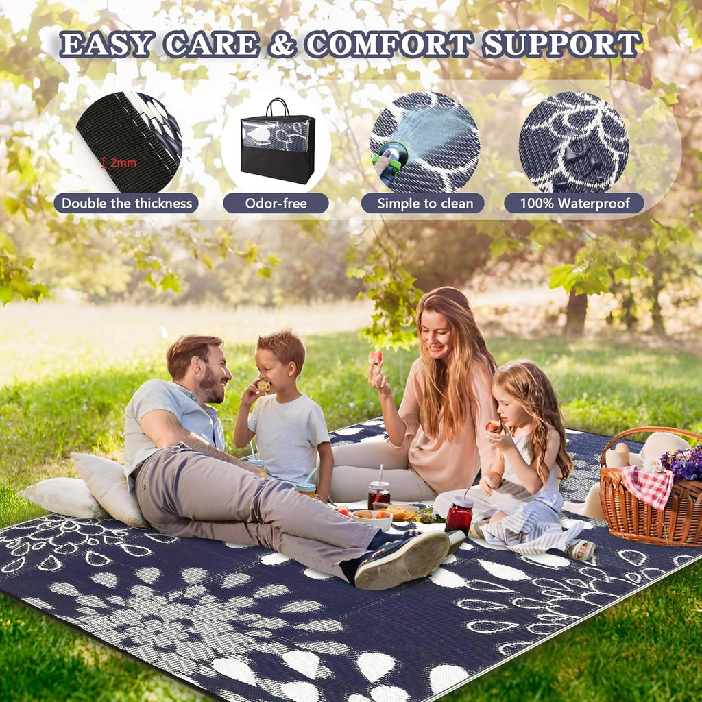 Outdoor Rug, Flower Blue & White