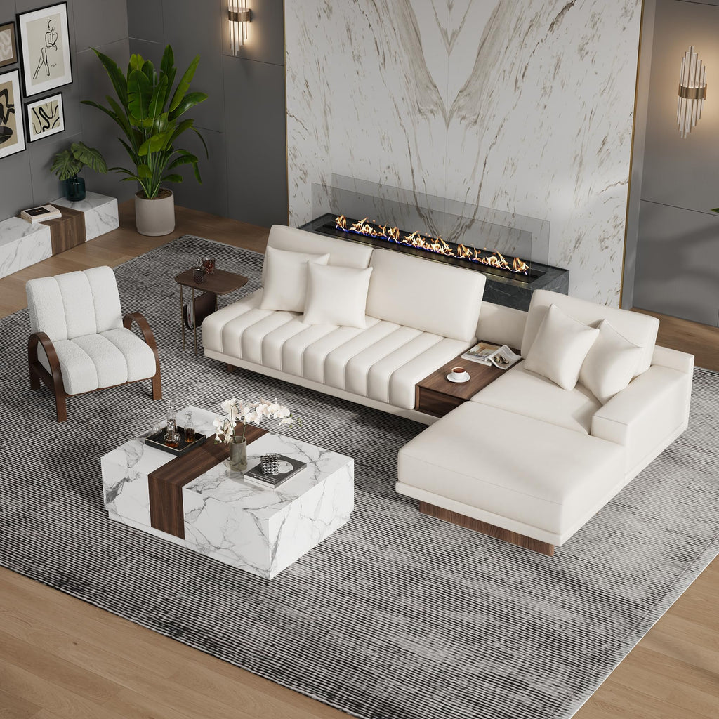 Leather Sectional Sofa - 126" Oversized L-Shaped Modular Couch with Storage Table & Ottoman, White Sofa for Modern