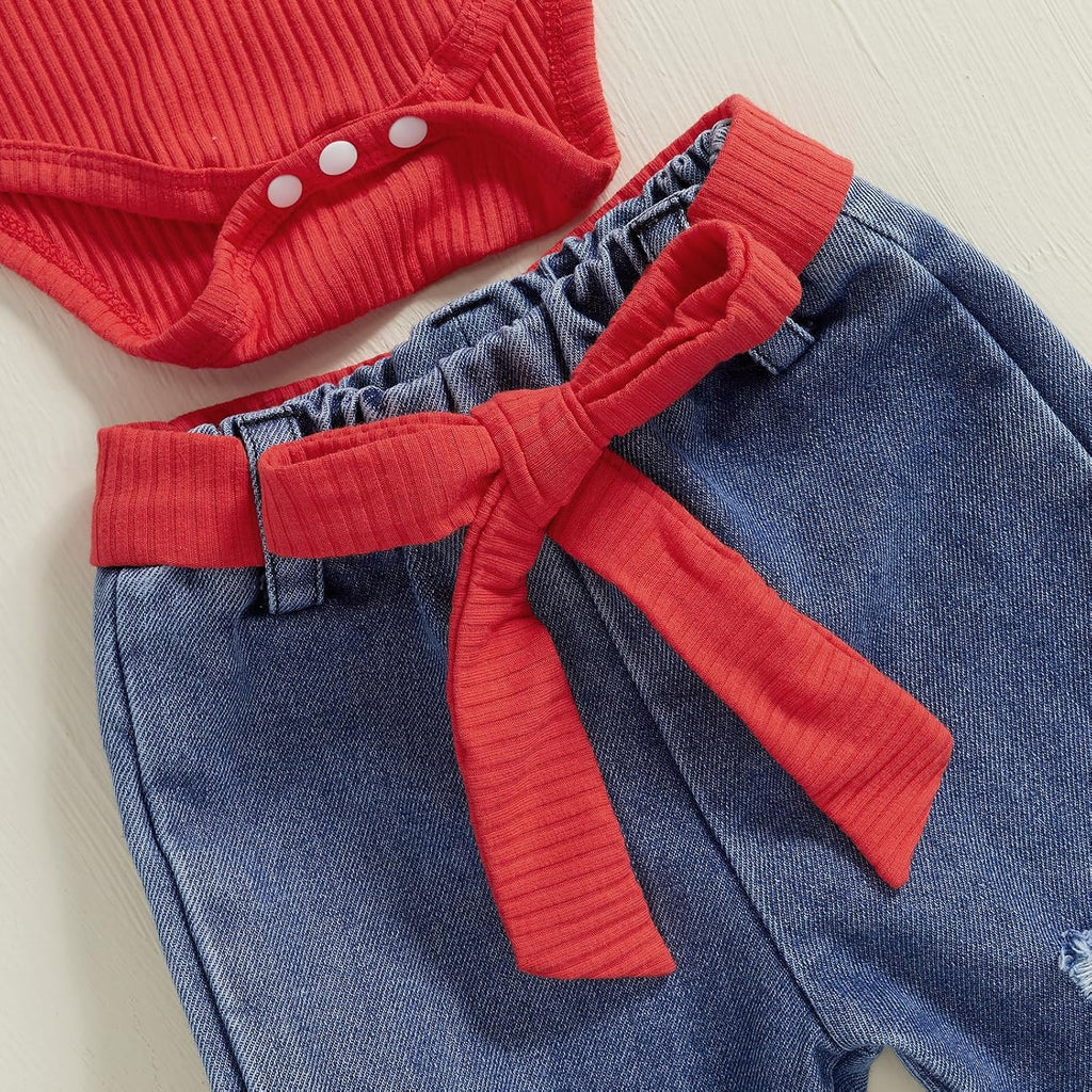 Newborn Baby Girl Outfits Rib Knit Romper Jeans Flare Pants Headband