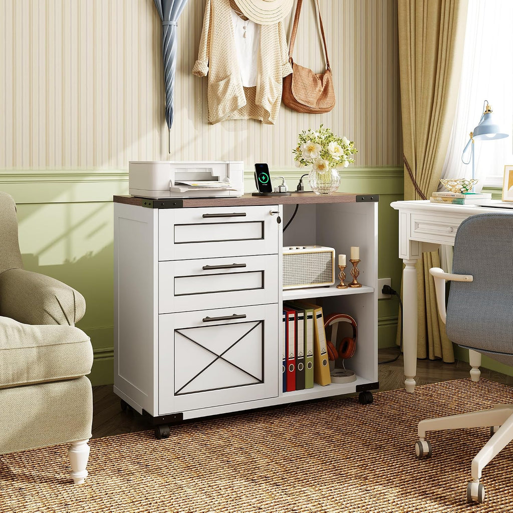 Wood File Cabinet with Charging Station,White | Mobile Lateral Filing Cabinet, Lock, Home Office, Printer Stand, Open