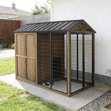 4×8 FT Outdoor Dog House, Cedar Wood Large Dog Kennel, Steel Roof
