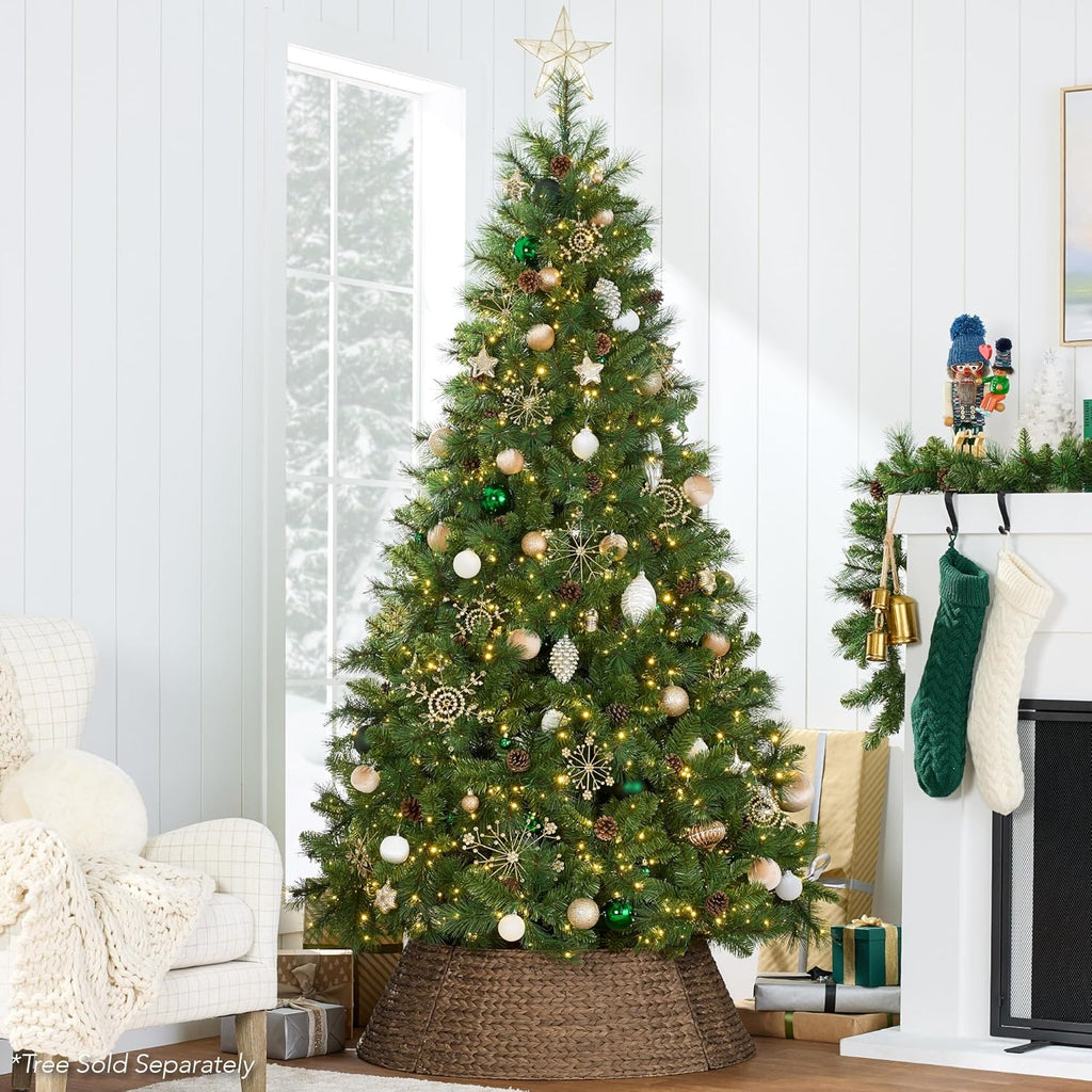 42in Christmas Tree Collar, Woven Hyacinth 4-Piece Holiday Rattan Tree Skirt Accessory w/Cord Cut-Out - Chestnut