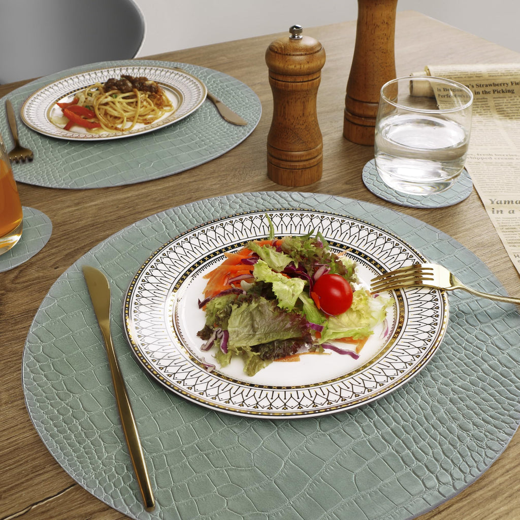 Round Leather Placemats for Round Tables Set of 8, Green Place Mats and Coasters, Wipeable Waterproof Heat Resistant