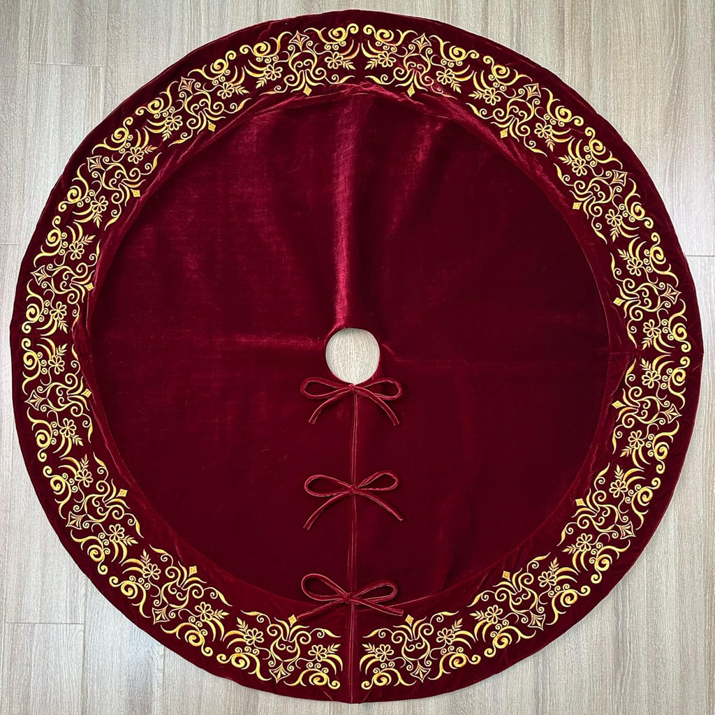 84-Inch Victorian Velvet Christmas Tree Skirt with Gold Damask Embroidery and Plush Lace Ties, Burgundy