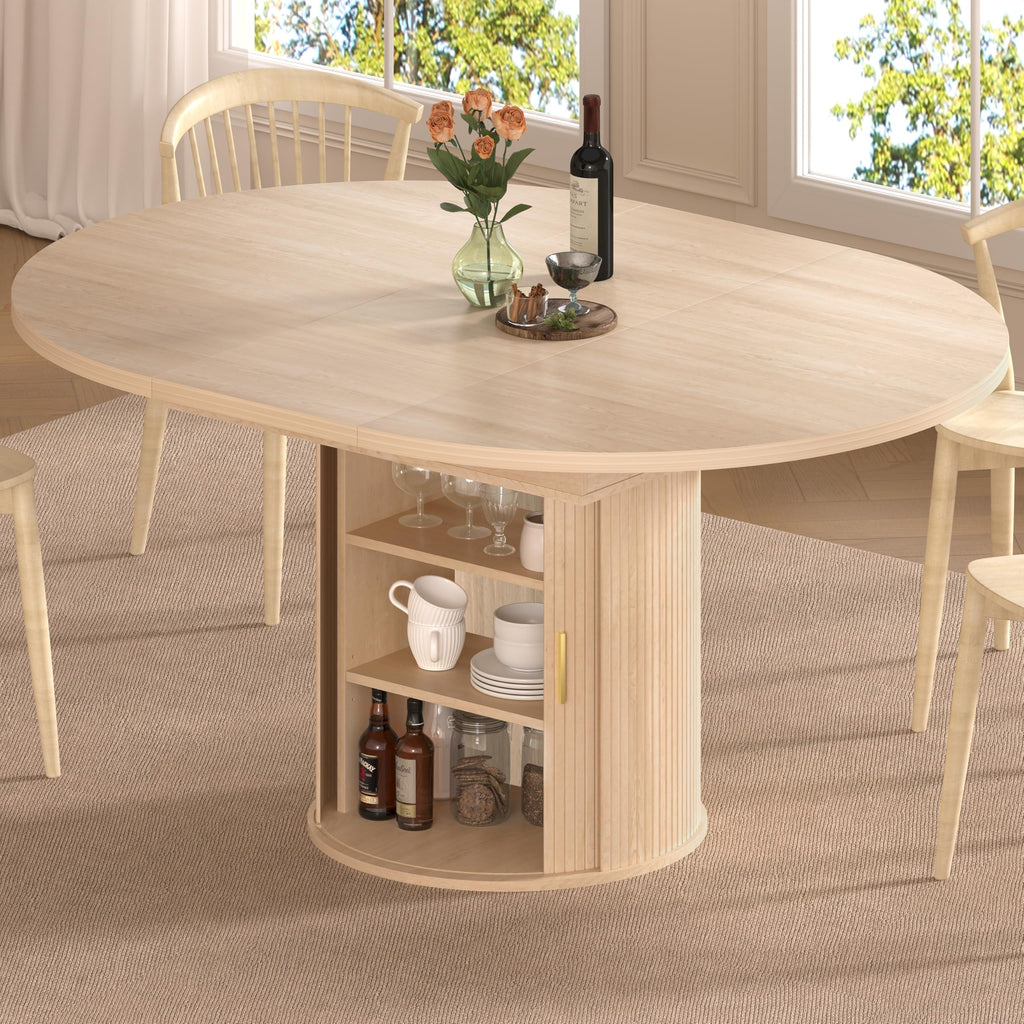 47"-63" Extendable Round Dining Table for 4-8 with Storage, Mid Century Modern Farmhouse Wood Oval Dinner Table with
