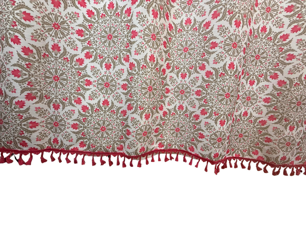 Pink Fabric Shower Curtain : Floral Geometric Medallion Design Taupe Tan with Pink Fringe/Tassels 70" x 72"