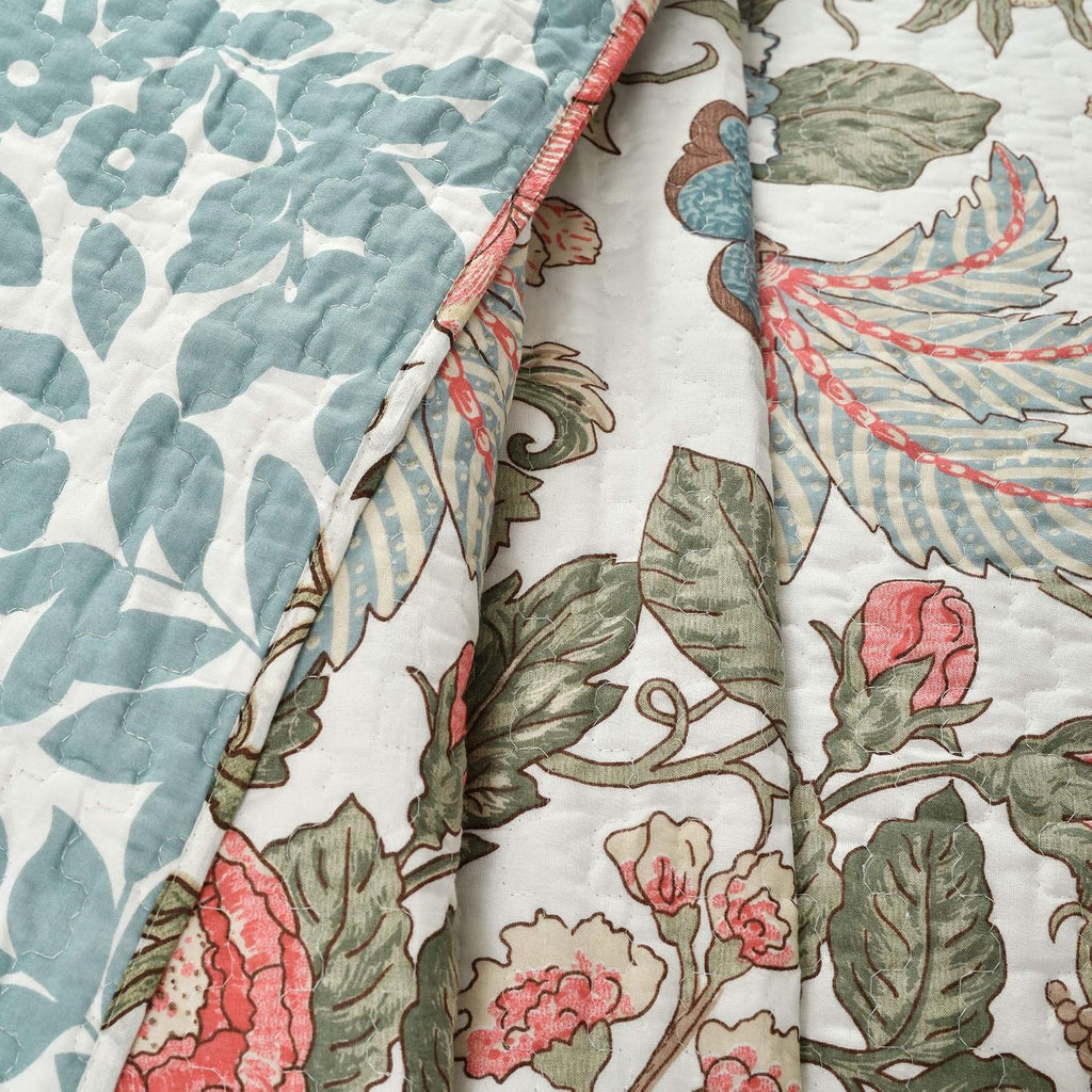 Reversible Cotton Quilt Set, 3 Piece Set, Full/ Queen, Green & Blue - Cotton Bedding Set - Blue Floral Quilt
