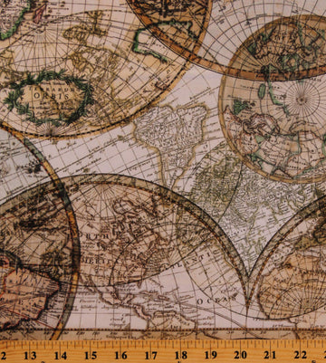 Cotton Seven Seas Oceans World Maps Nautical Atlas Cartography Travel Digital Print Cotton Fabric Print by The Yard