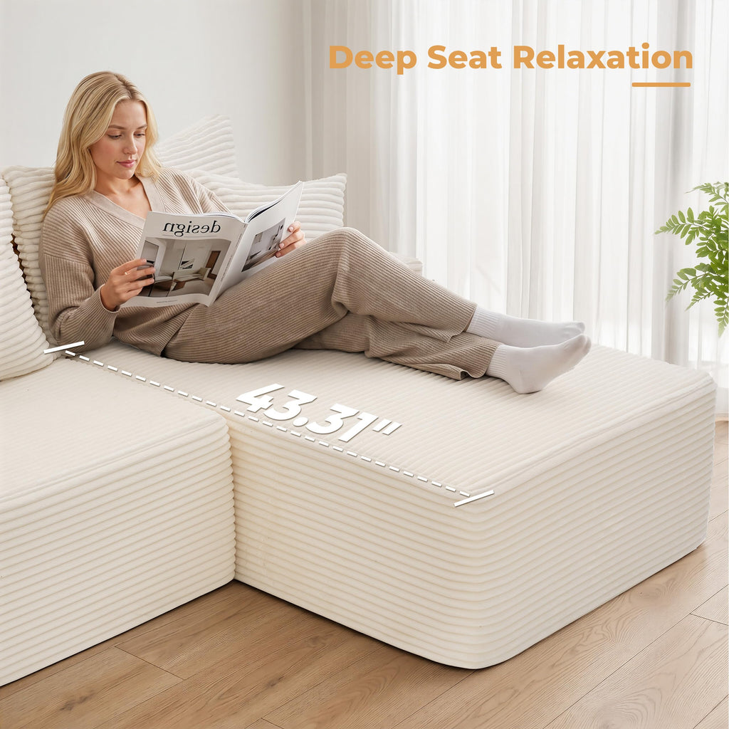 118" Cloud Sectional Boneless Couch, U-Shaped Modular Couch, Beige