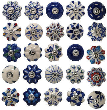 Set of 20 Ceramic Knobs Colorful Blue Cabinets Cupboards