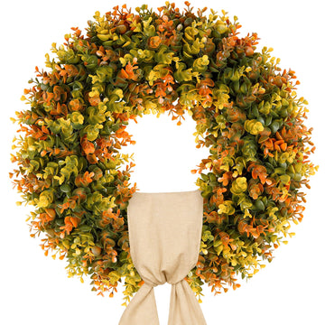 20 Inch Fall Wreaths for Front Door, Handmade Fall Boxwood Wreath with Cream Linen Sash, Waterproof and UV Resistant