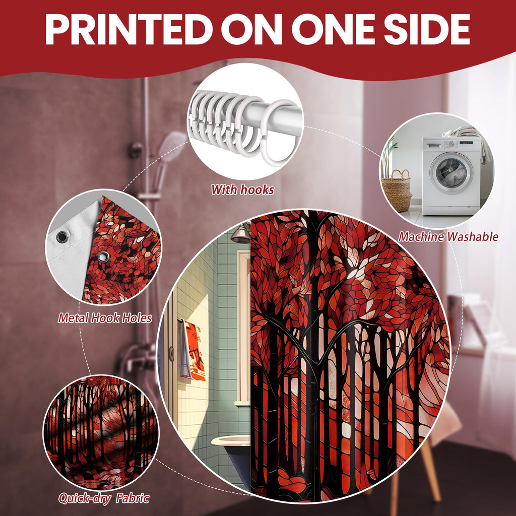 Black and Red Stained Glass Shower Curtain Dark Aesthetic Forest Art Shower Curtains for Boho Bathroom Decor Sets