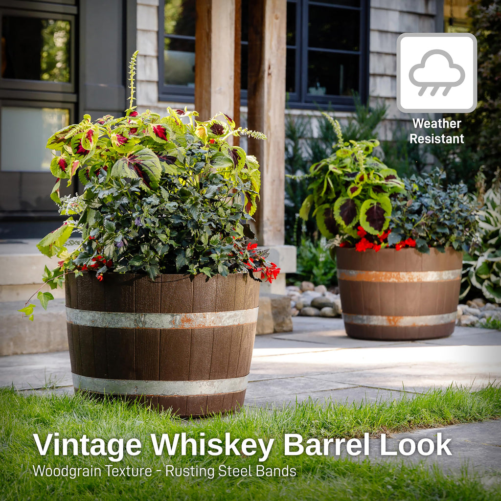 Better Barrel 24-Inch Outdoor Planter, Walnut - Rustic Whiskey Barrel Style Heavy-Duty Resin Pot with Rusting Steel