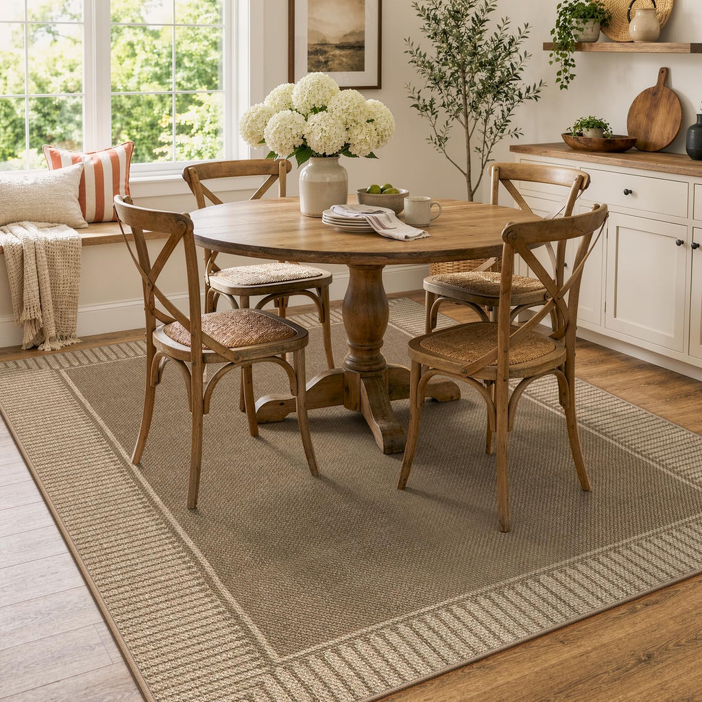Easy Jute Indoor Outdoor Rug, Brown Striped Border Area Rug