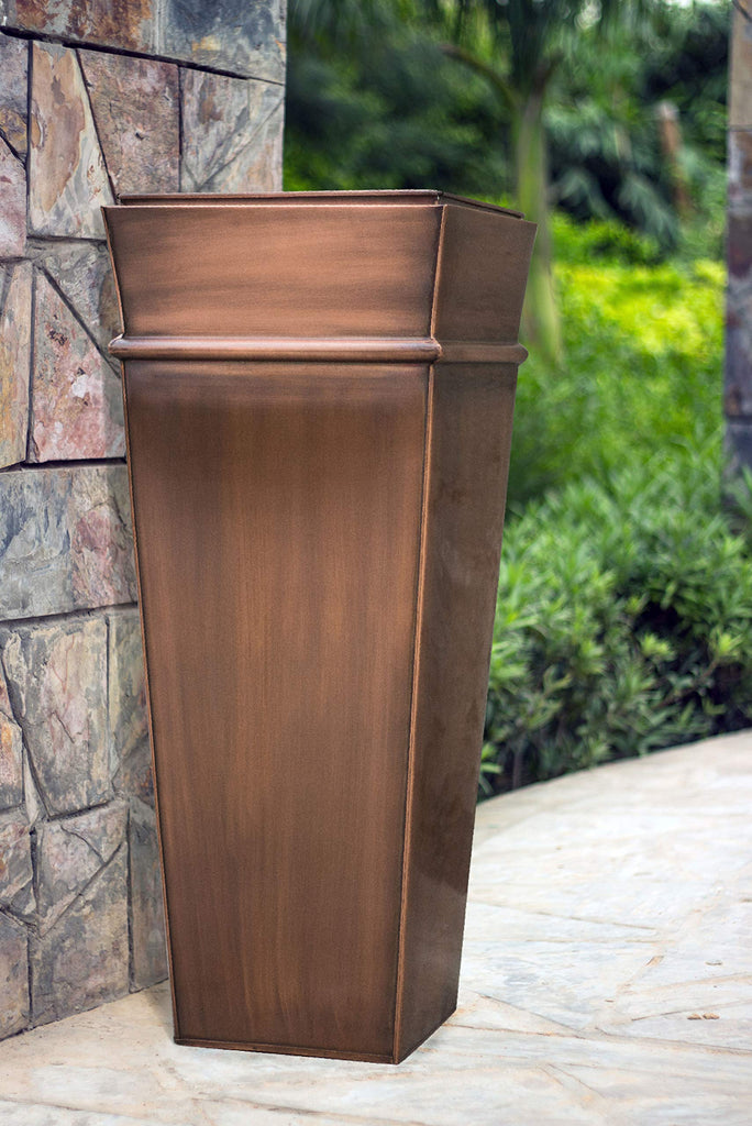33 Inch Tall Square Planter, Antique Copper, Lift Out Insert