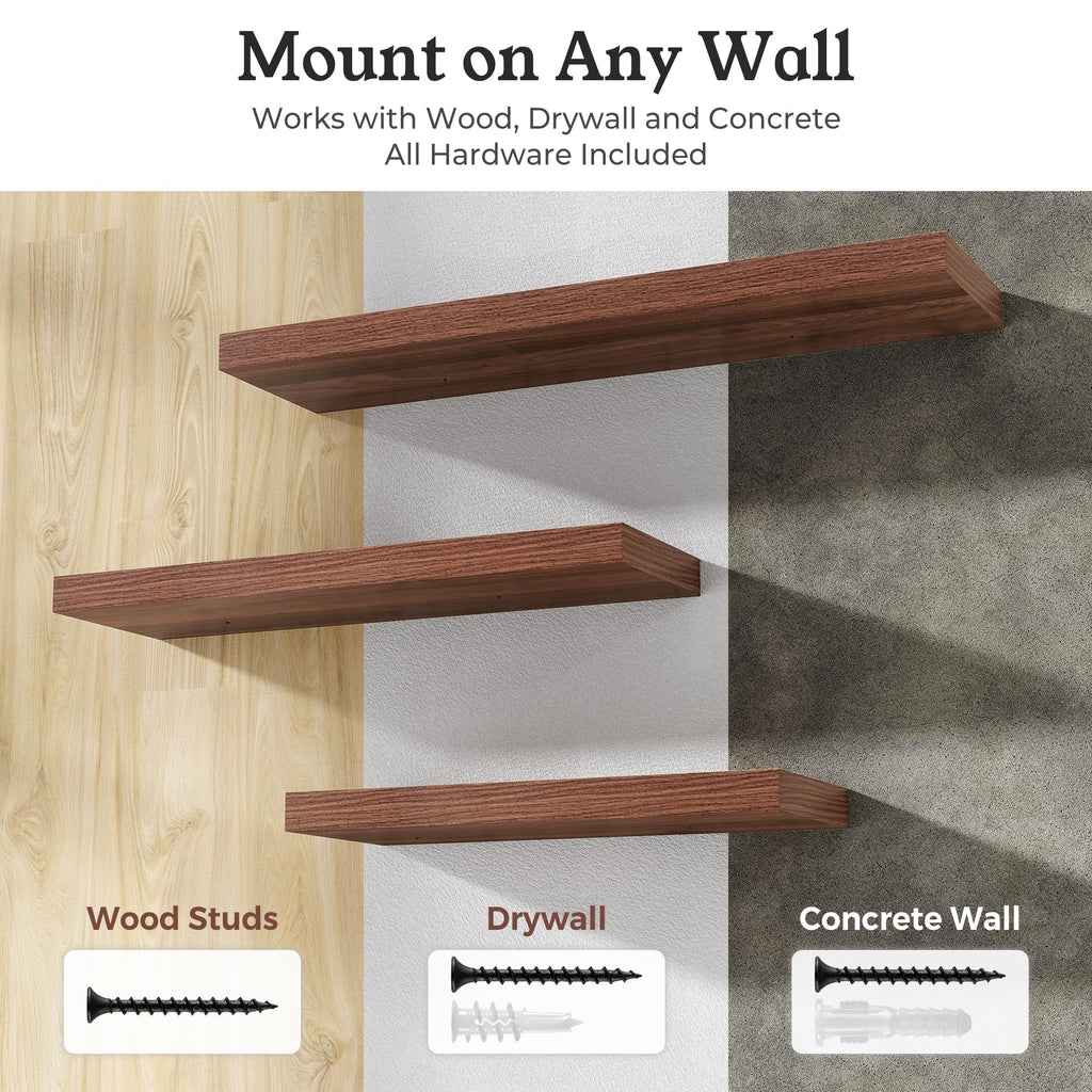 48" Walnut Floating Shelves Wood Wall Shelf, Walnut Color, Set of 1