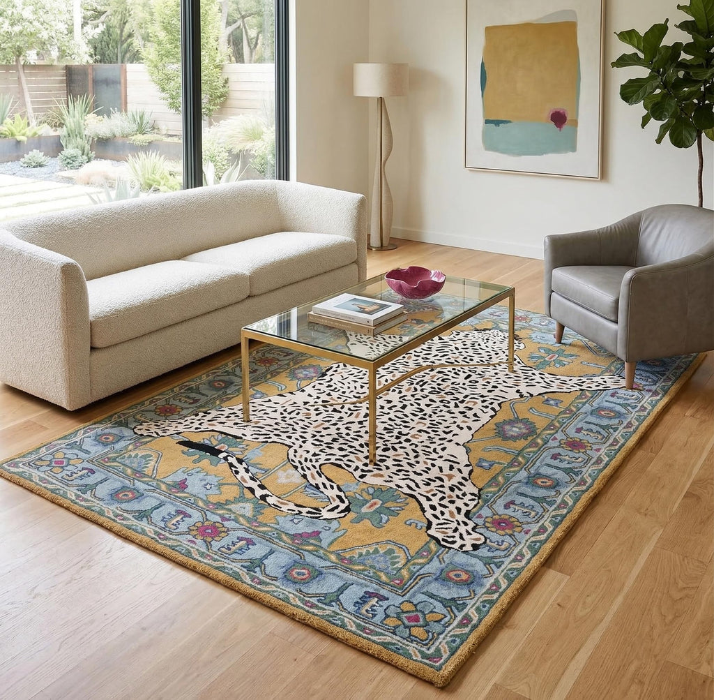 Handmade Leopard Wool Area Rug with Traditional Oushak Motif - Animal Print Cheetah Rugs | Plush Texture, Vintage
