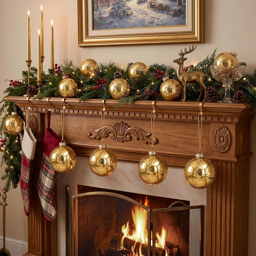 Gold Mercury Glass Christmas Ornaments, 3.15'' Vintage Xmas Hanging Baubles