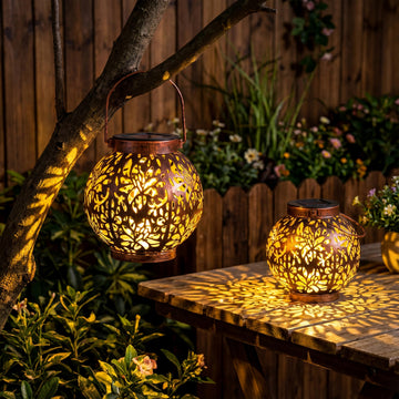 2 Pack Outdoor Solar Hanging Lantern Lights, Waterproof Tabletop with Handle, LED Moroccan Lanterns, Metal Decorative
