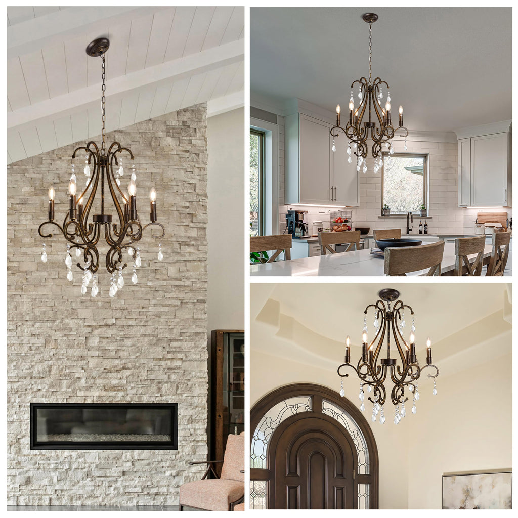 6-Light French Country Crystal Chandelier, Wrought Iron Antique Bronze, 24.8" Wide with Adjustable Chain for Foyer, Dining Room