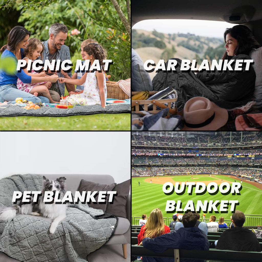 Waterproof Outdoor Blanket 82"x55" Large Sherpa Fleece Black