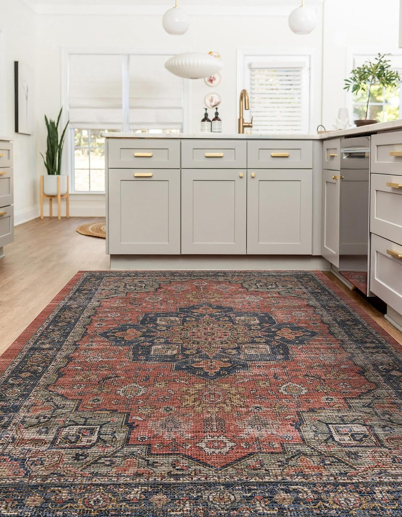 Chenille Jute Rug - 5' Antique Red Area Rug - Handmade Vintage Medallion s and Bedrooms