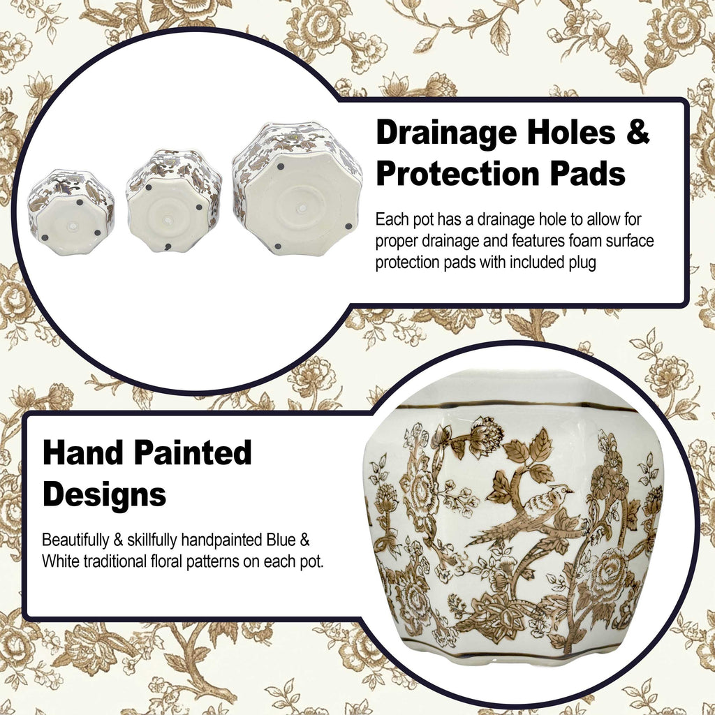 Brown & White Round Fluted Floral Porcelain Ceramic Plant Flower Planter Pot Set of 3 (7.5", 10", 13") Garden Pots