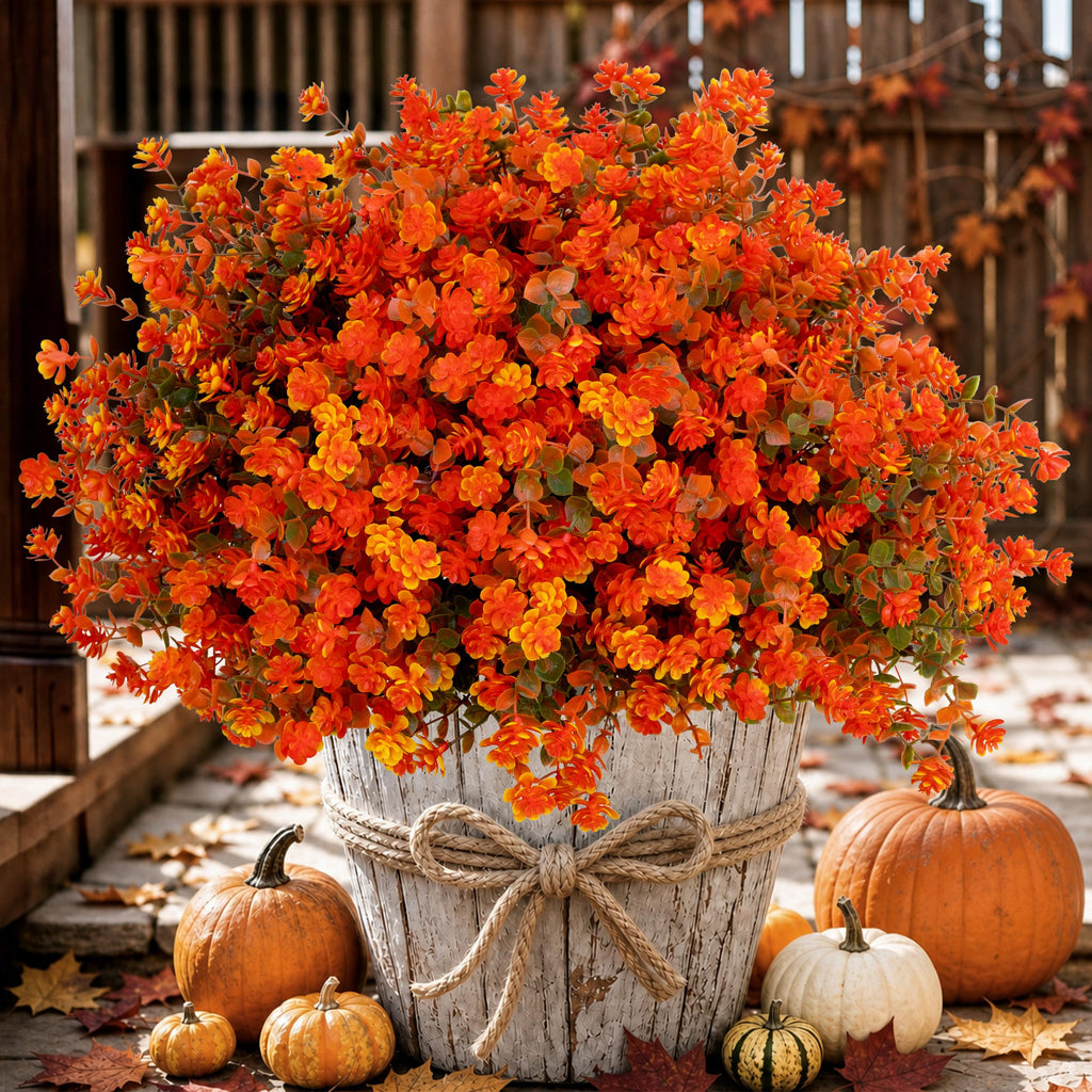 Artificial Fall Flowers Outdoor, Fake Mums (Orange Green)