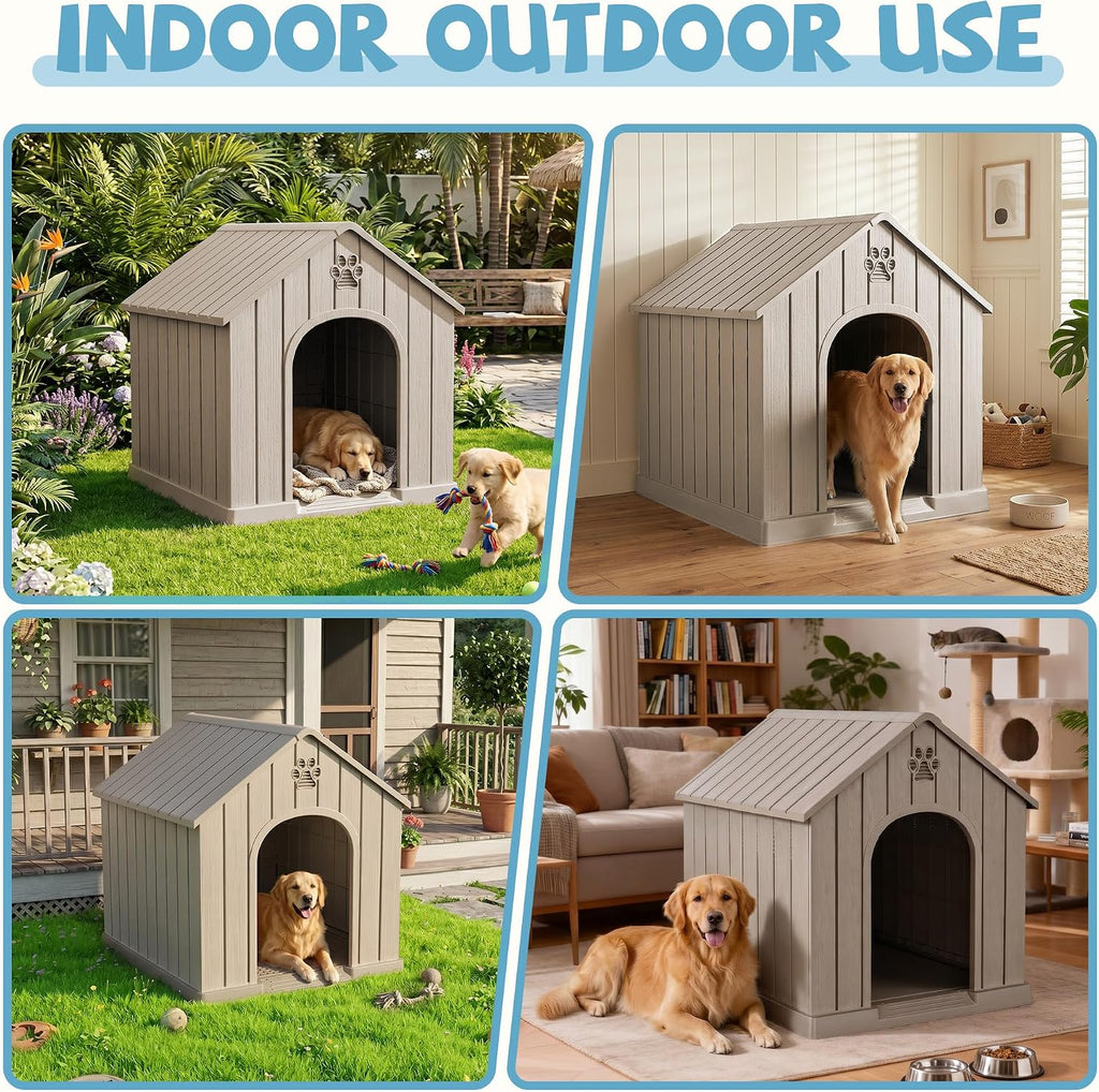 43Inch Large Dog House Outdoor, Waterproof Resin Dog Kennel Shelter Indoor