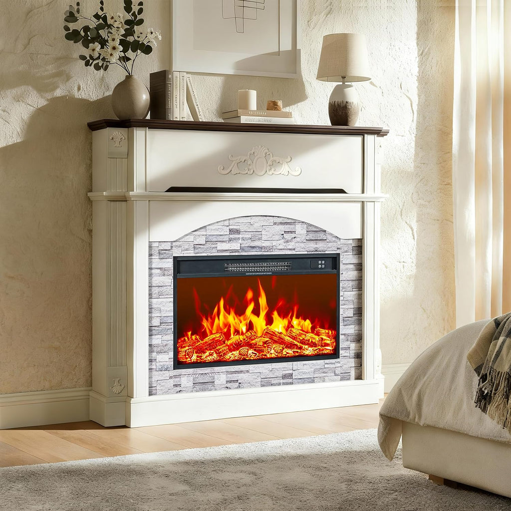 51" Electric Fireplace with Mantel, 45" Tall Carved Farmhouse Entertainment Center TV Stand with Storage Cubby and