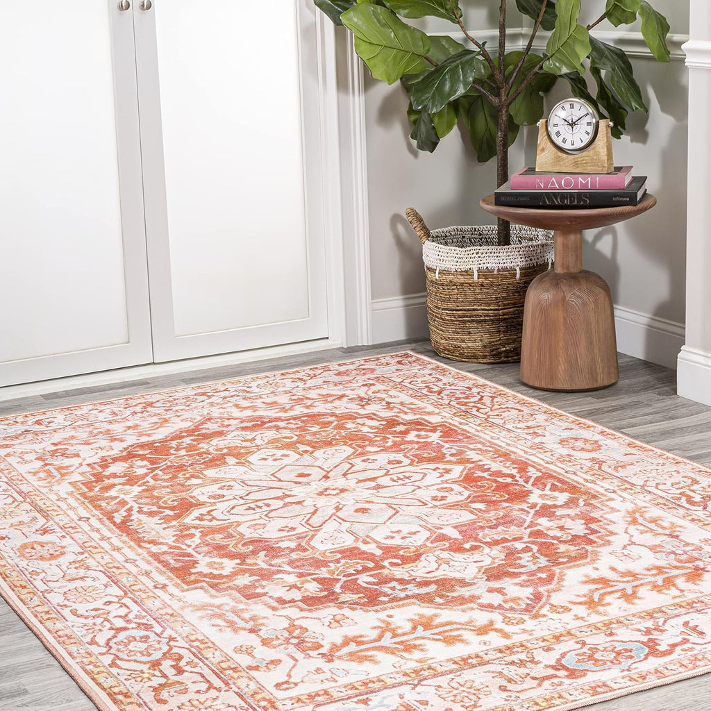 Machine Washable Orange/Cream Indoor Area Rug, ASA Ornate Medallion, Easy-Cleaning, High Traffic