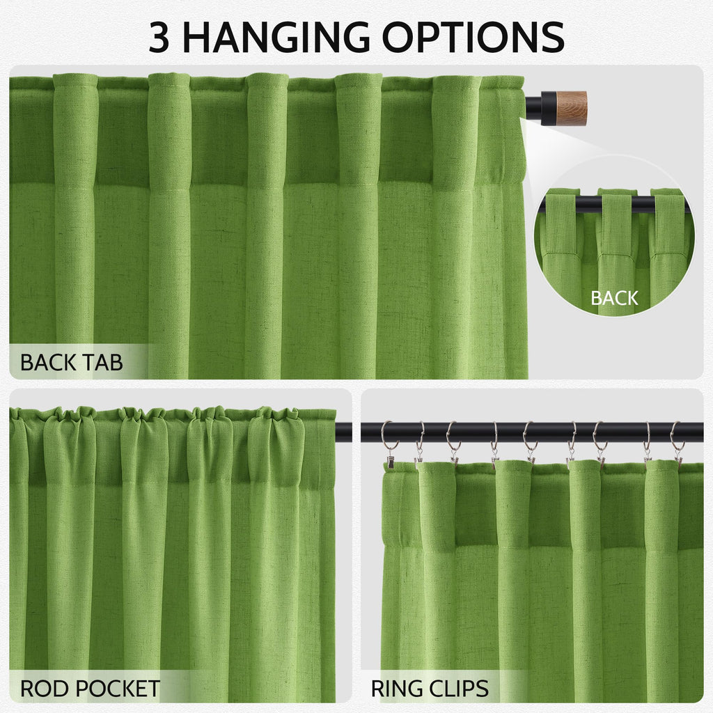 Lime Green Curtains 63 Inches Long 2 Panel Sets Bedroom, Light Filtering Linen Drapes Windows Rod Pocket or Back Tab