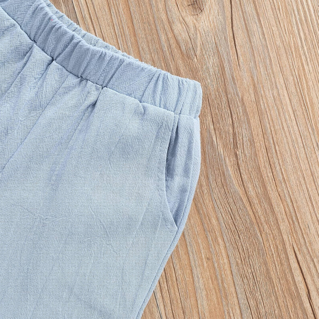 Toddler Baby Boys Clothes Set Button-Down Shirt Tops + Cotton Linen Shorts Summer Outfit 2PCS with Pockets
