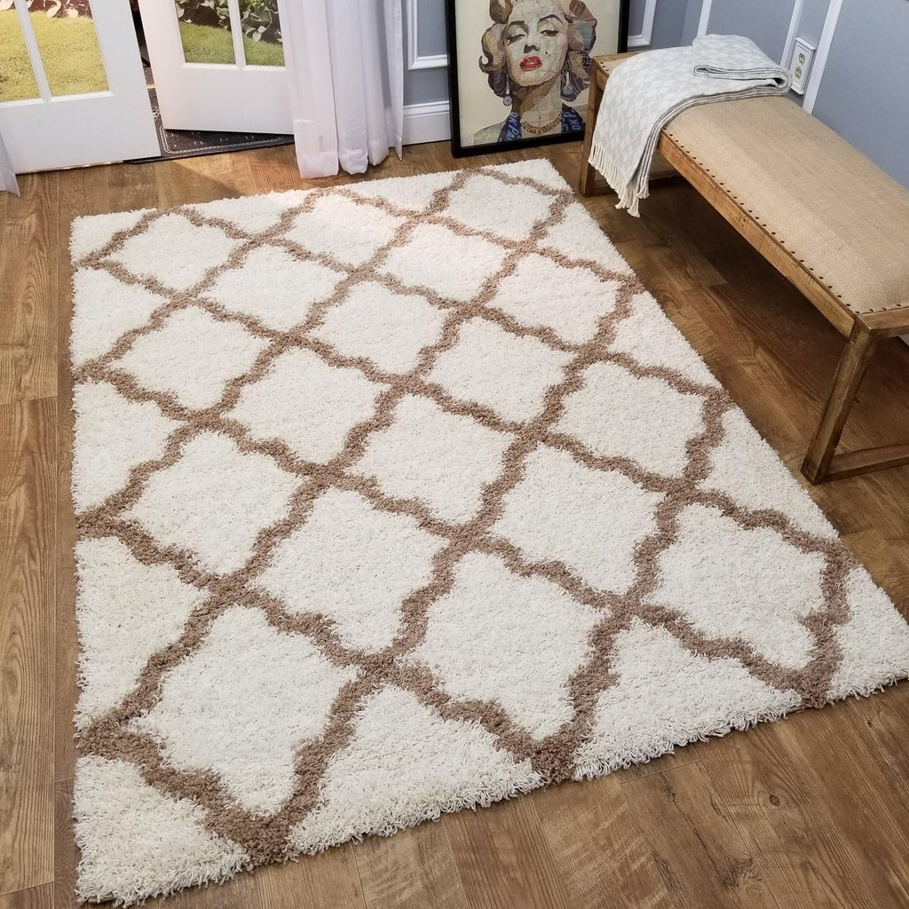 Shag Area Rug, New Moroccan Trellis Ivory, Everyday Use, (60 inch x 84 inch)