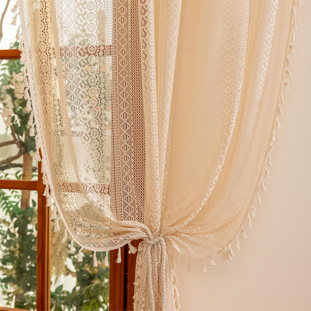 Beige Boho Lace Curtains 84 inches Long, Crochet Macrame Bohemian Drape Farmhouse Vintage Chic Tassels, Cream Sheer