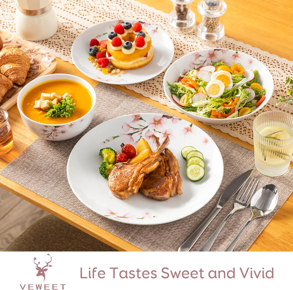 Dinnerware Sets for 6, 24 Pieces Porcelain Plates and Bowls Set with Pink Floral