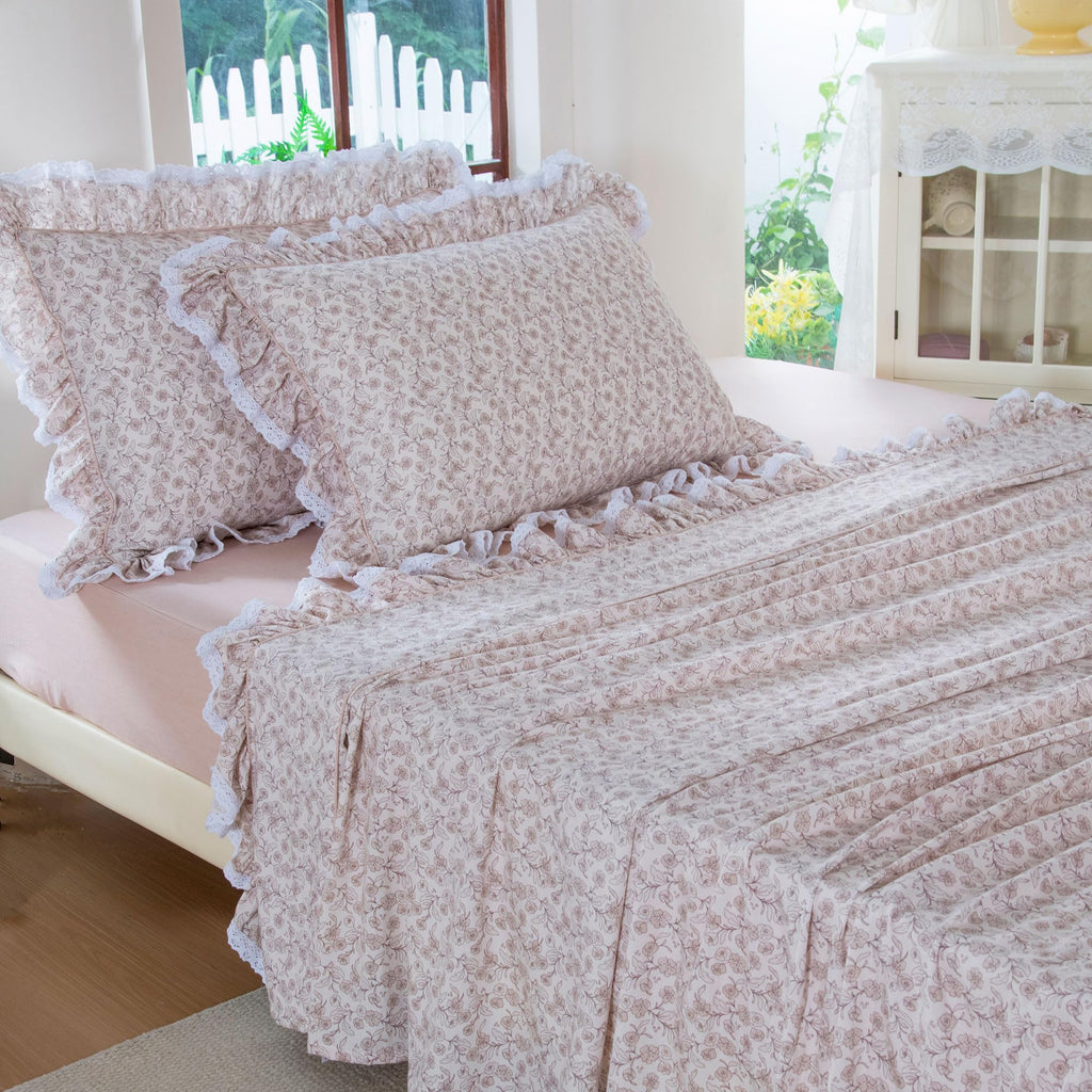 Cal King Camel Floral 100% Washed Cotton Sheets Set, 4 Piece Vintage Ruffle Sheets with Lace Trim, Shabby Rose French
