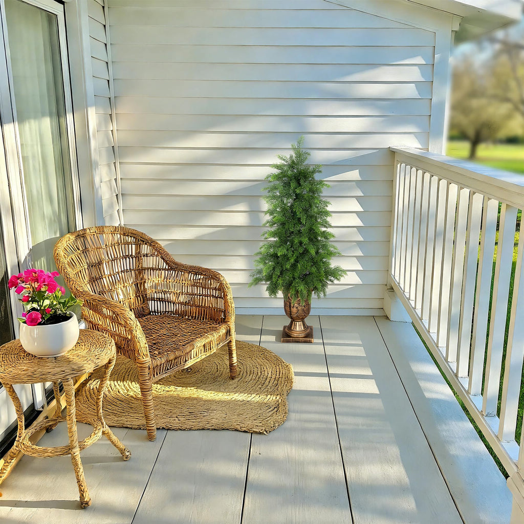 3FT UV Resistant Topiary Trees Artificial with Golden Urn Planter, 2 Set Artificial Cedar Trees for Outdoor, Faux
