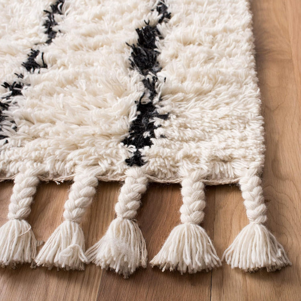 Casablanca Collection Area Rug, Black & Ivory, Handmade Moroccan Boho Tassel Wool, 1.4-inch Thick Ideal for