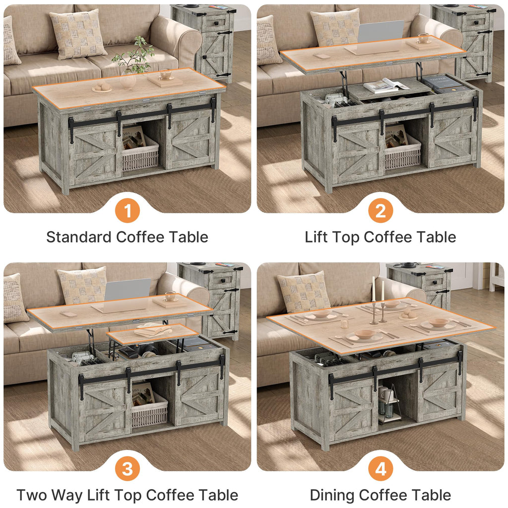 Lift Top Coffee Table with Storage, 4 in 1 Multi-Function Farmhouse Wood Coffee Table with Sliding Barn Doors, Center